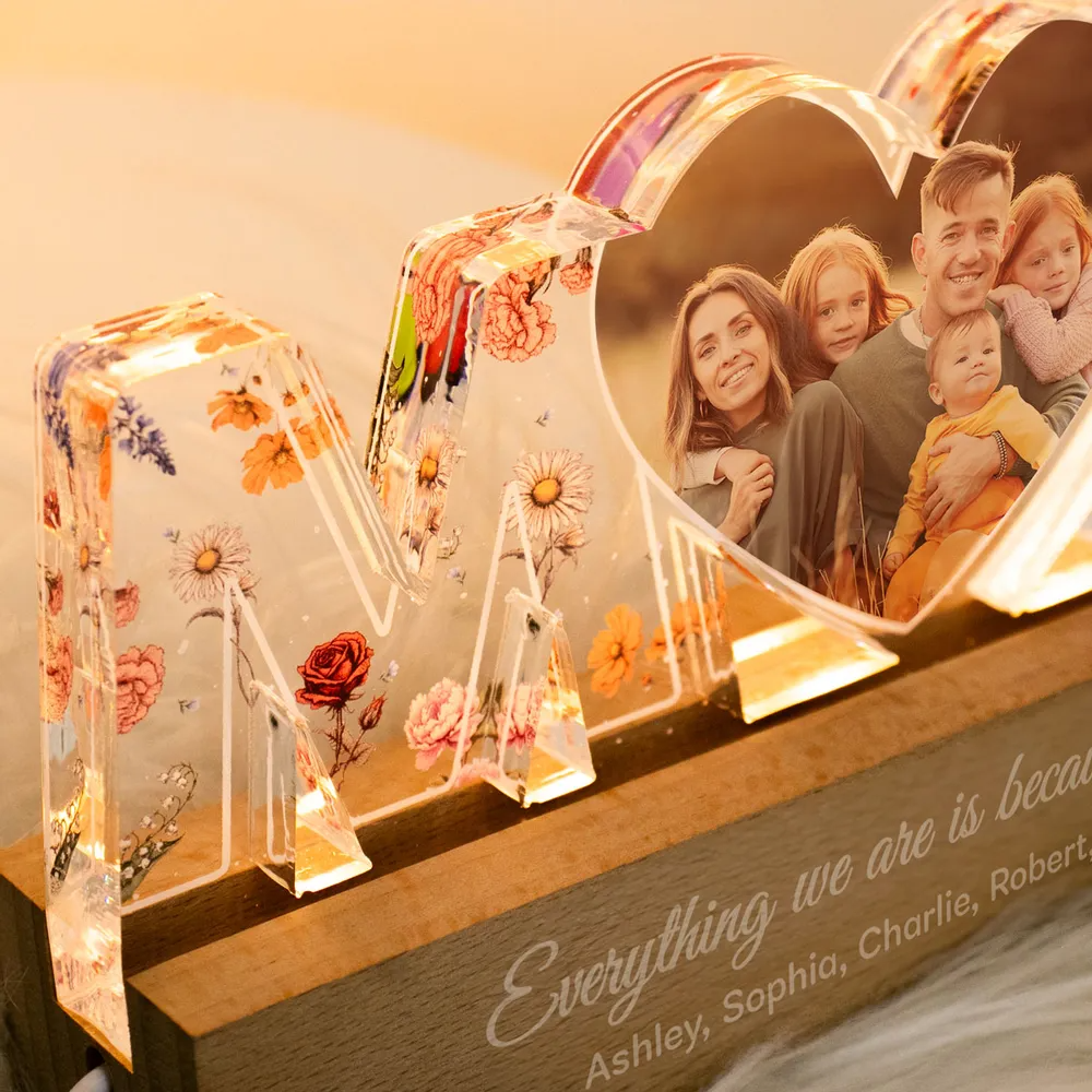 Birth Month Flower Photo Upload Personalized Led Night Light, Mother's Day Gift
