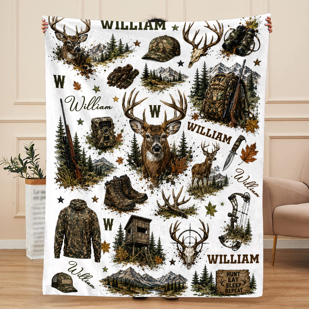 Personalized Hunting Blanket, Custom Deer Hunting Blanket with Name, Camo Hunter Throw Blanket, Outdoor Cabin Decor, Gift for Hunter Him