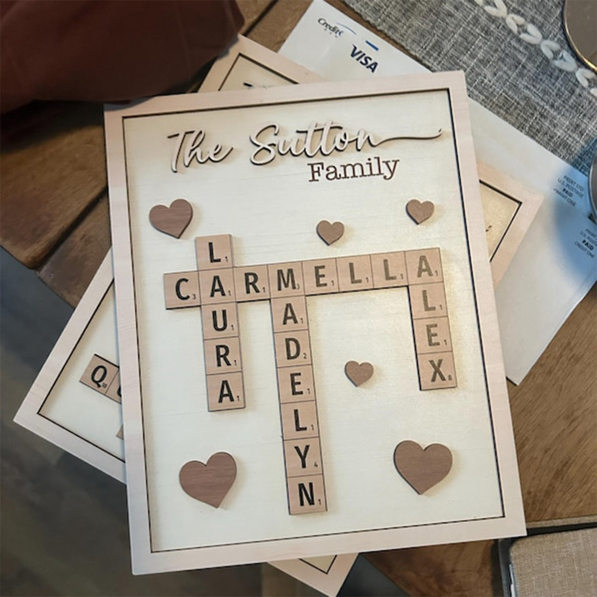 Personalized Puzzle Crossword scrabble board, Custom Family name 2-Layered Wooden Plaque With Stand