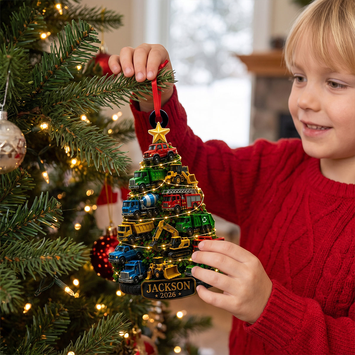 Custom Truck Kid Christmas Ornament – Personalized Name Construction Truck Decor | Gift For Child