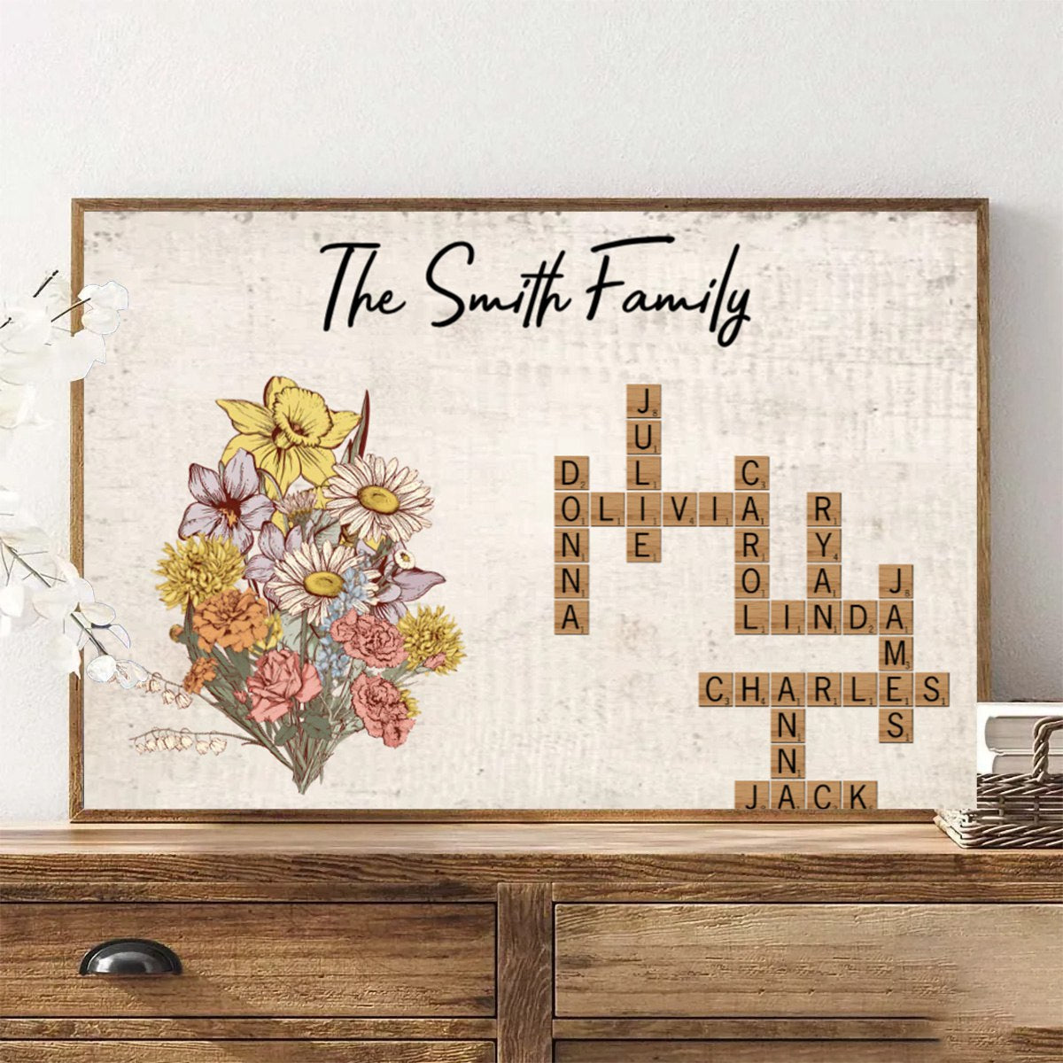 Birth Flower Family Crossword Puzzle Art Personalized Poster