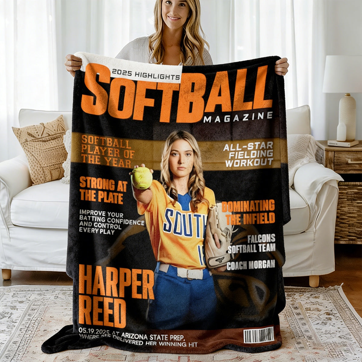 Personalized Softball Magazine Cover Blanket, Custom Sport Magazine Cover, Softball Player Gift