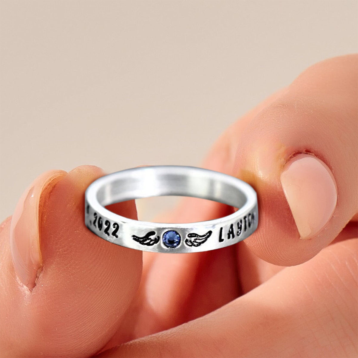 Personalized Memorial Birthstone Ring with Engraved Name & Date