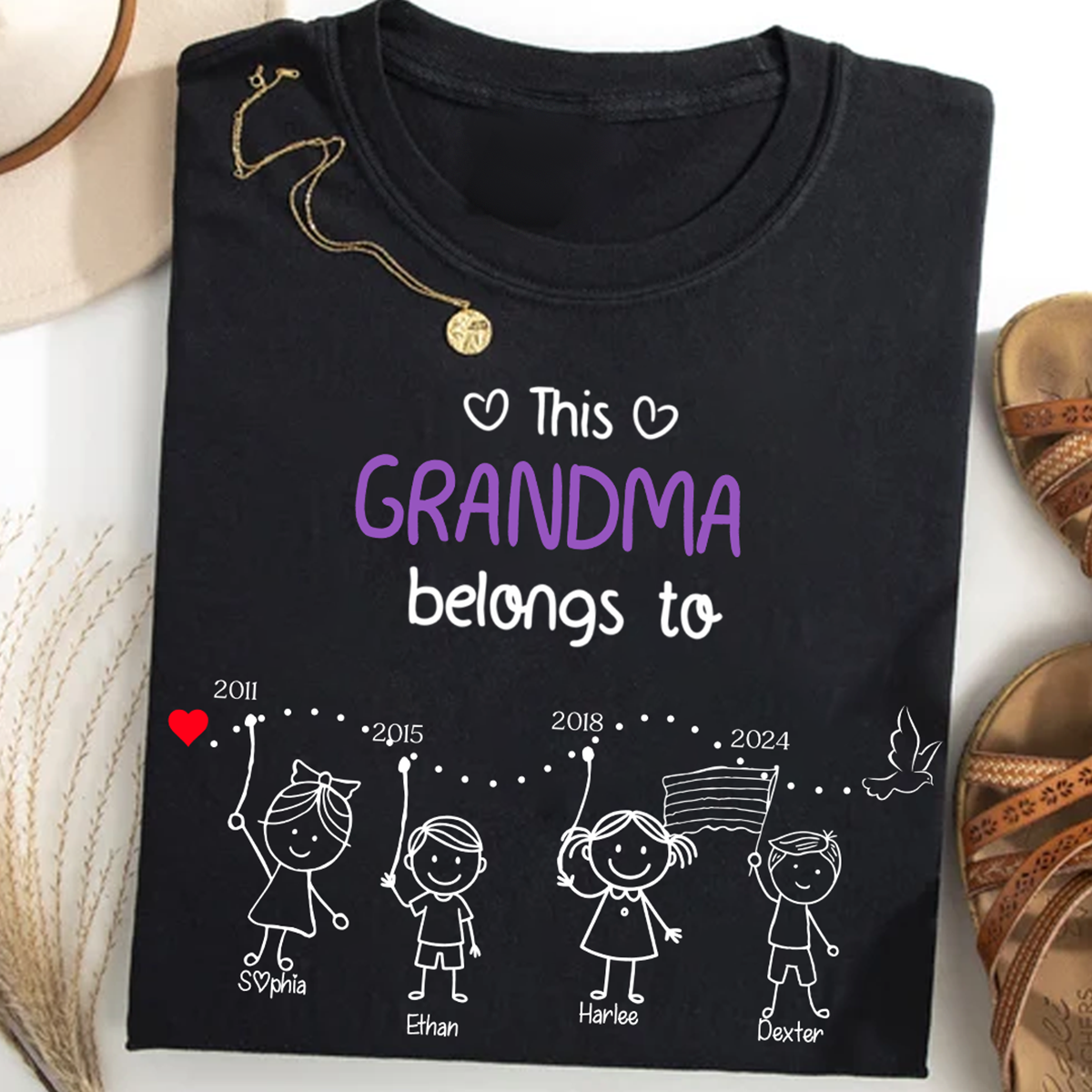 Personalized Grandma With Kids Names & Birth Years, Custom Family Timeline T-Shirt Gift