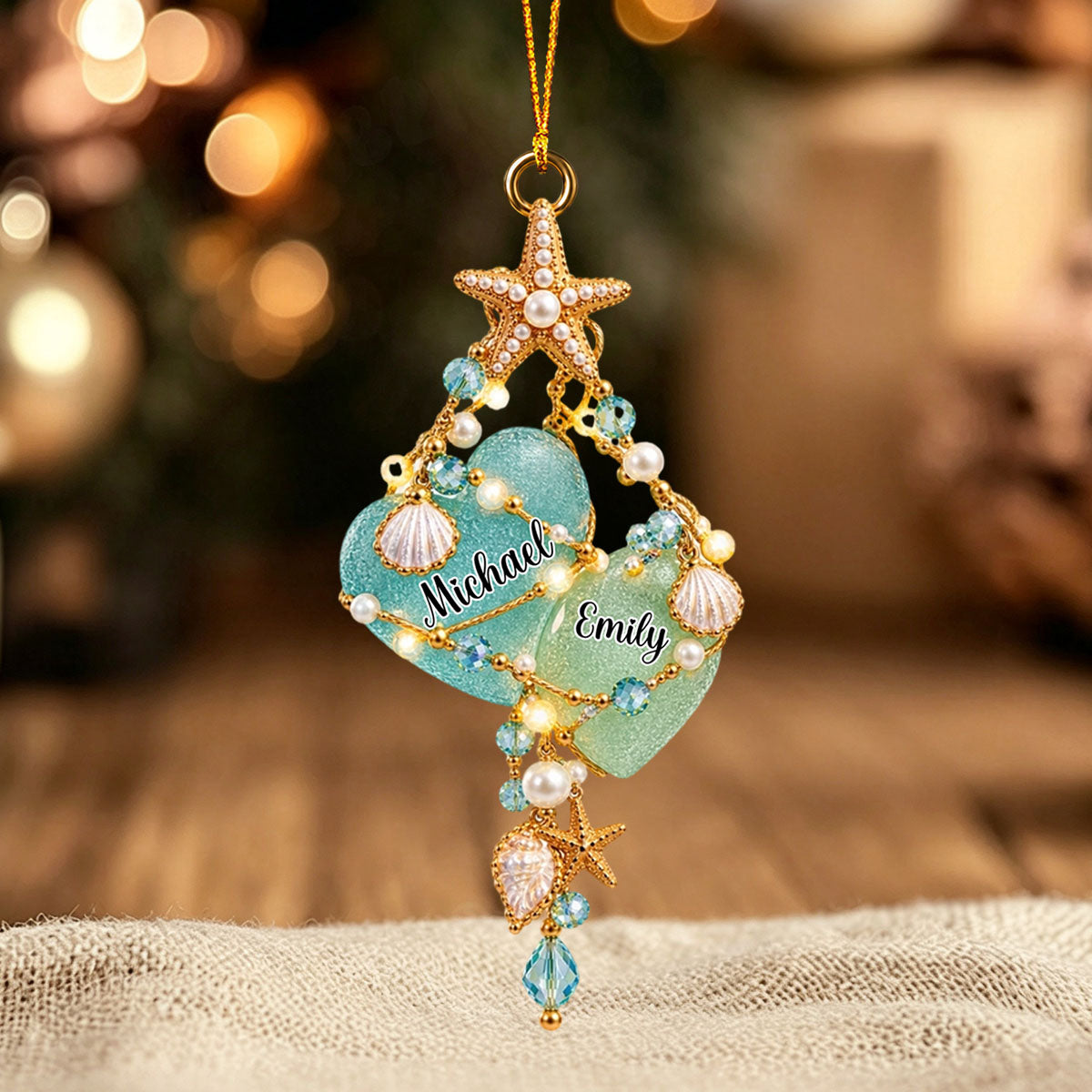 Personalized Two Hearts Sea Glass Couple Ornament,Christmas Gift