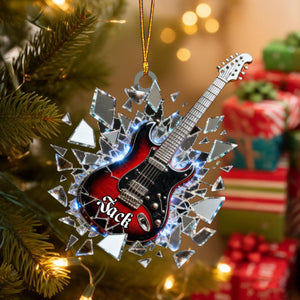 Shattered-Mirror Mini Electric Guitar Custom Name Stained Glass Effect Acrylic Christmas Ornament, Guitarist Gift