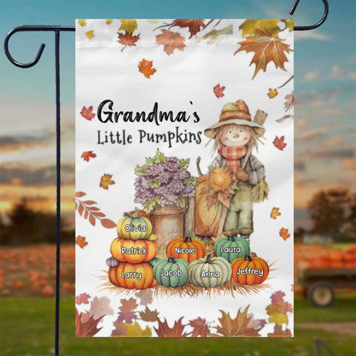 Fall Season Nana's Little Pumpkins Scarecrow Grandma Personalized Garden Flag House Flag
