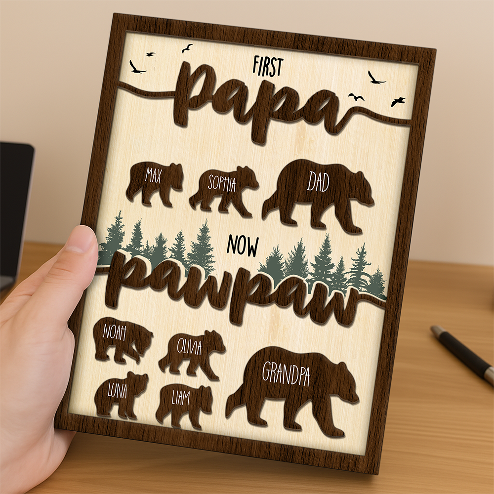 Papa Bear Family Personalized 2-Layered Wooden Plaque Gift For Dad, Grandpa