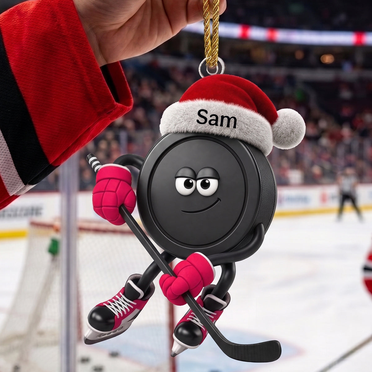 Custom Sly Santa Hockey Hanging Ornament – Personalized Smiling Puck Character With Stick & Skates | Christmas Sports Gift