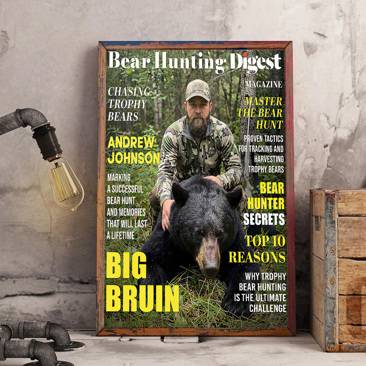 Bear Hunting Digest Personalized Canvas, Custom Photo Bear Hunter Magazine Cover, Hunting Lover Gift