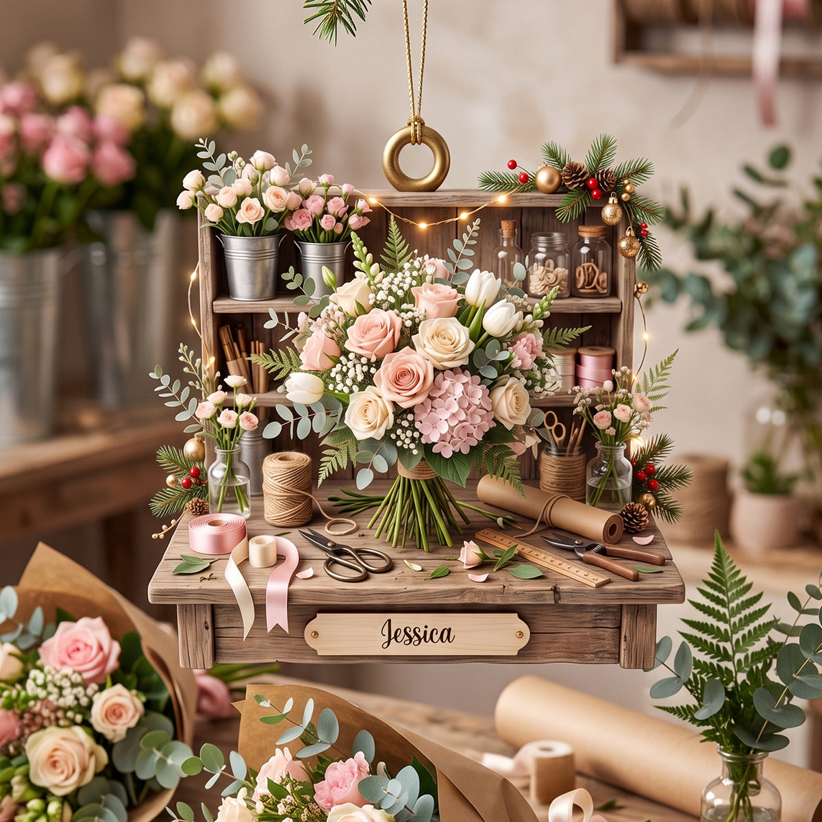 Personalized Romantic Florist Studio Ornament, Miniature Floral Workstation Christmas Decor