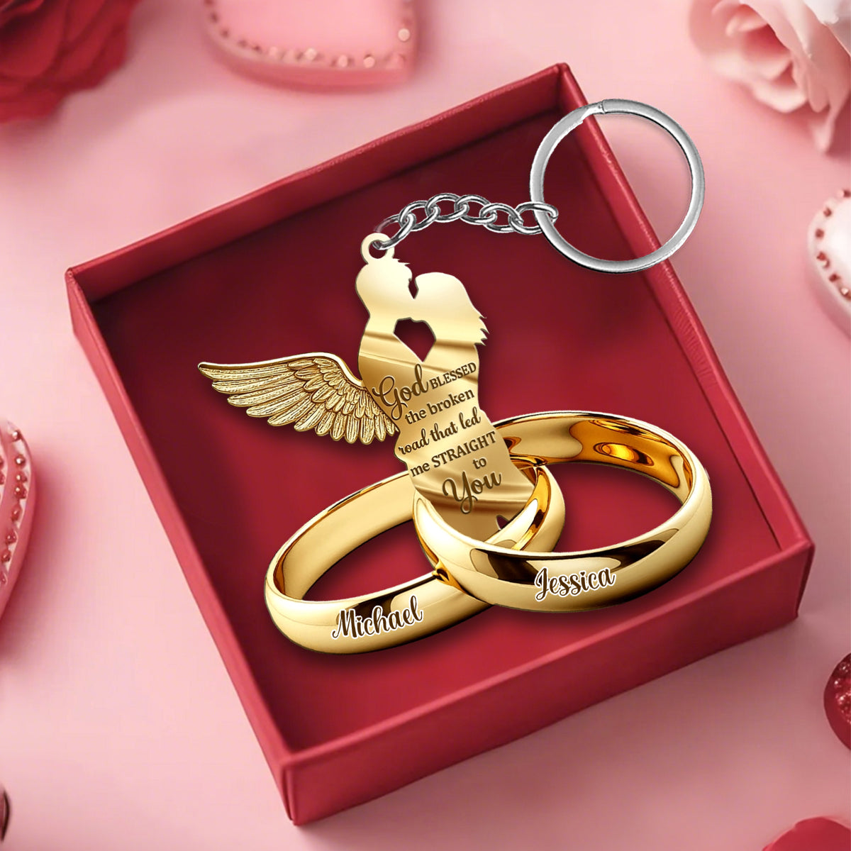 Couple Gift Couple Rings with Wings Personalized Keychain