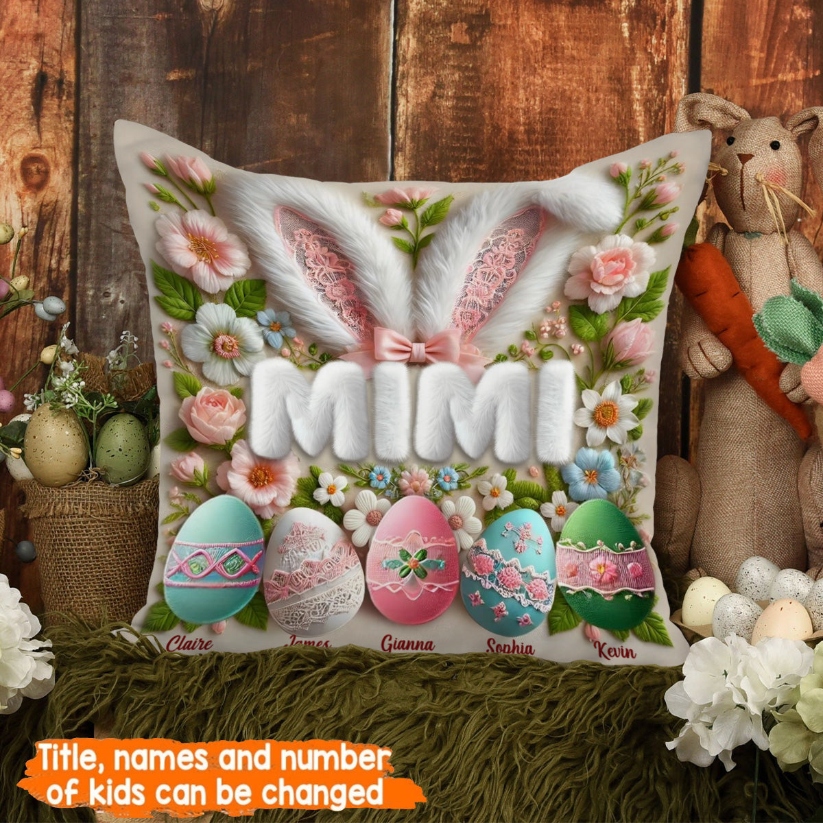 Personalized Easter Bunny Grandma Pillow - Custom Name Throw Pillow Gift for Grandma, Mother's Day