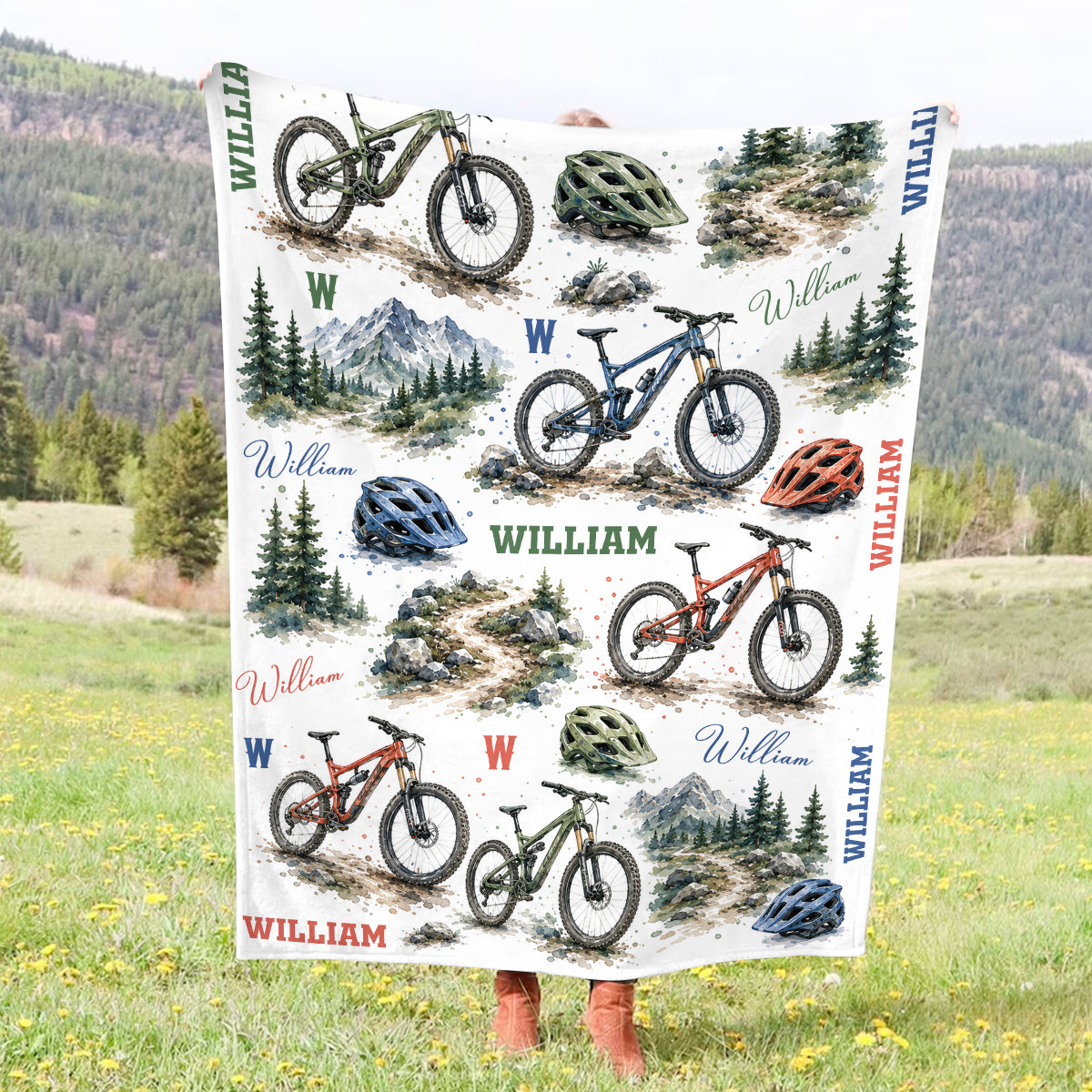 Personalized Mountain Bike Blanket, Custom Name MTB Blanket for Kids Boy Men