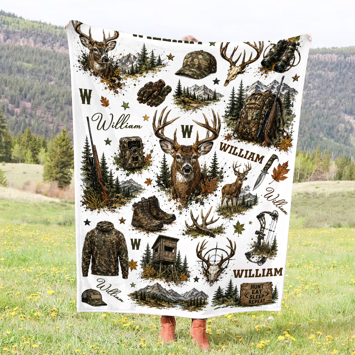 Personalized Hunting Blanket, Custom Deer Hunting Blanket with Name, Camo Hunter Throw Blanket, Outdoor Cabin Decor, Gift for Hunter Him