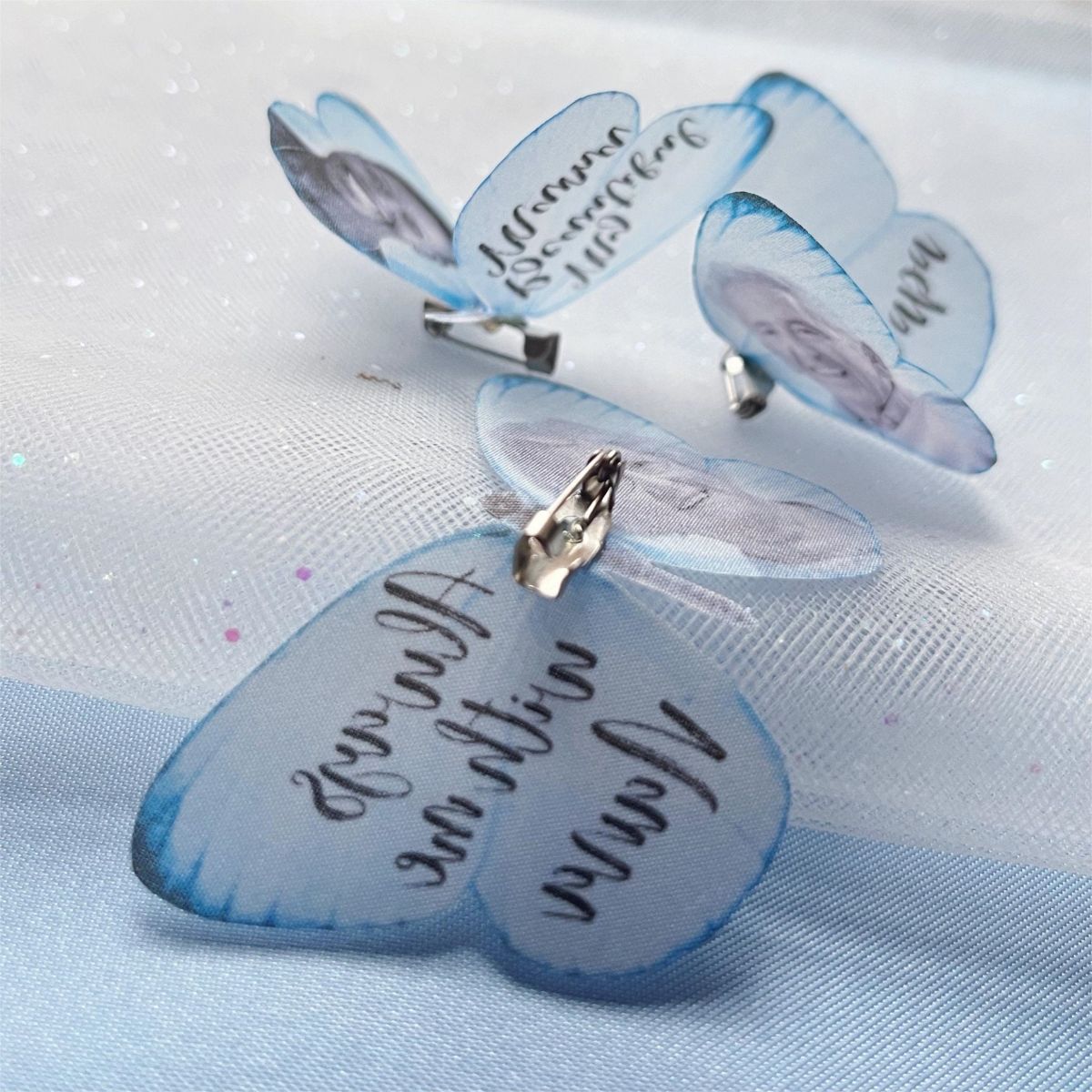 Personalized Silk Butterfly Memorial Brooch Pin with Words Photo and Crystal