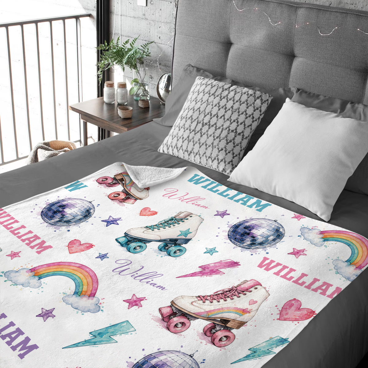 Personalized Roller Skate Blanket, Custom Name Roller Disco Throw Blanket, Retro Rainbow & Disco Ball Kids Blanket, Girl Bedroom Decor, Skate Gift