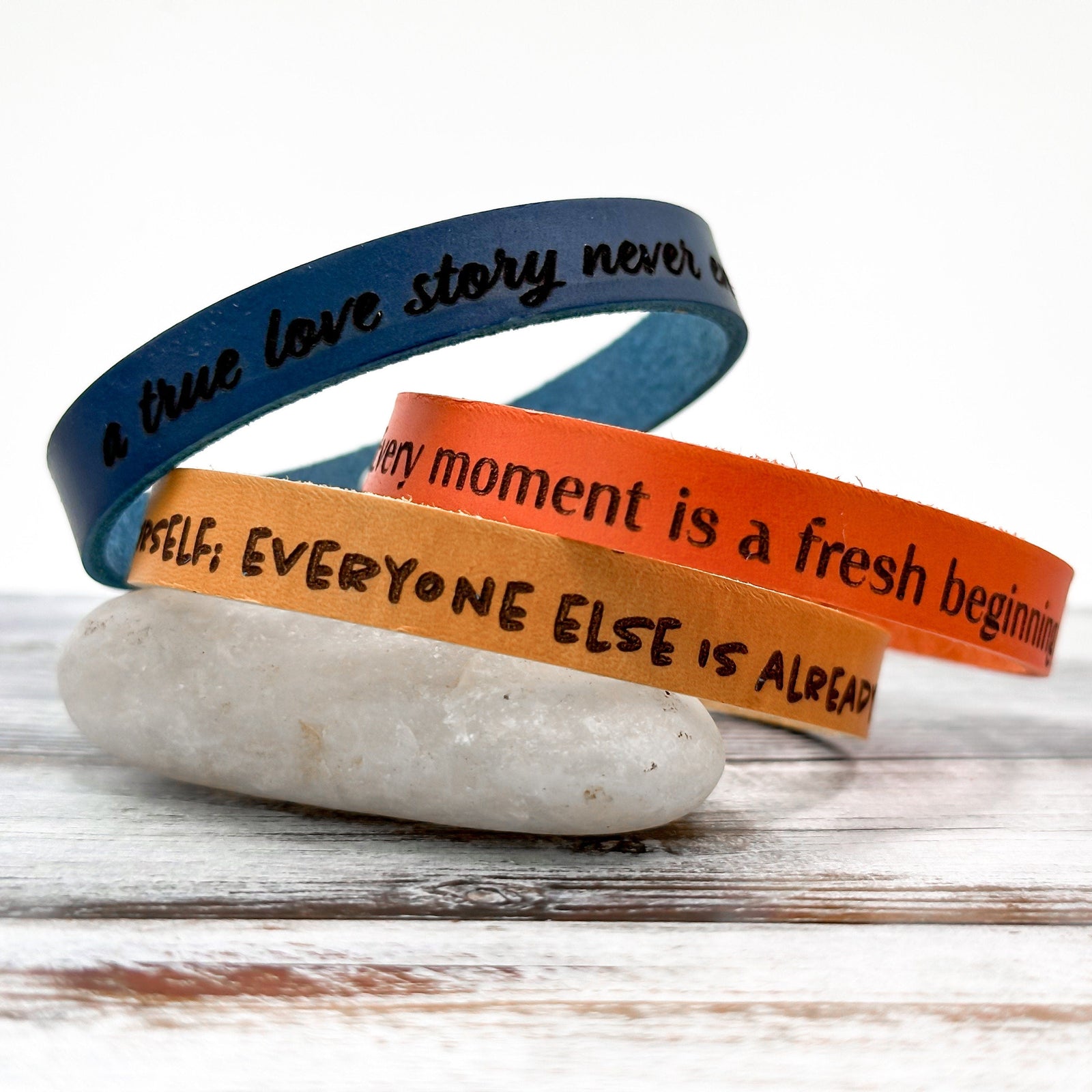 Personalized Leather Bracelet - Engraved Modern Minimalist Cuff