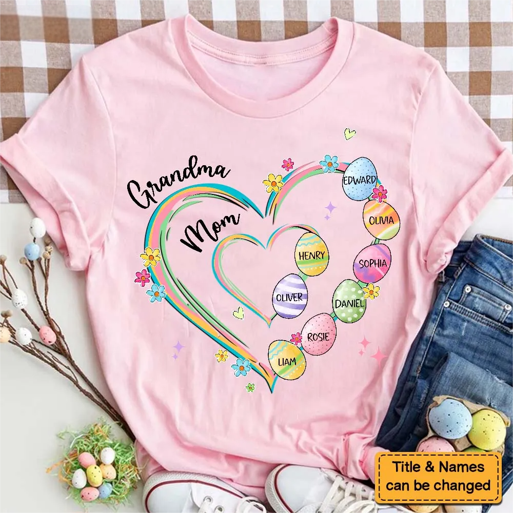 Heart Grandkid Name Easter Day - Personalized Pure Cotton T-Shirt Gift For Grandma Mom