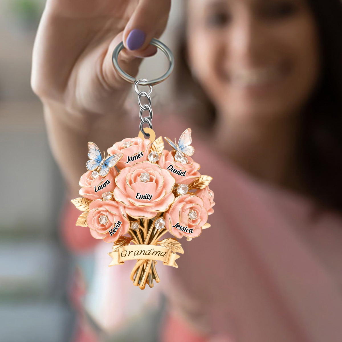 I Love You Mom - Personalized Mother Grandma Bouquet Shaped Keychain