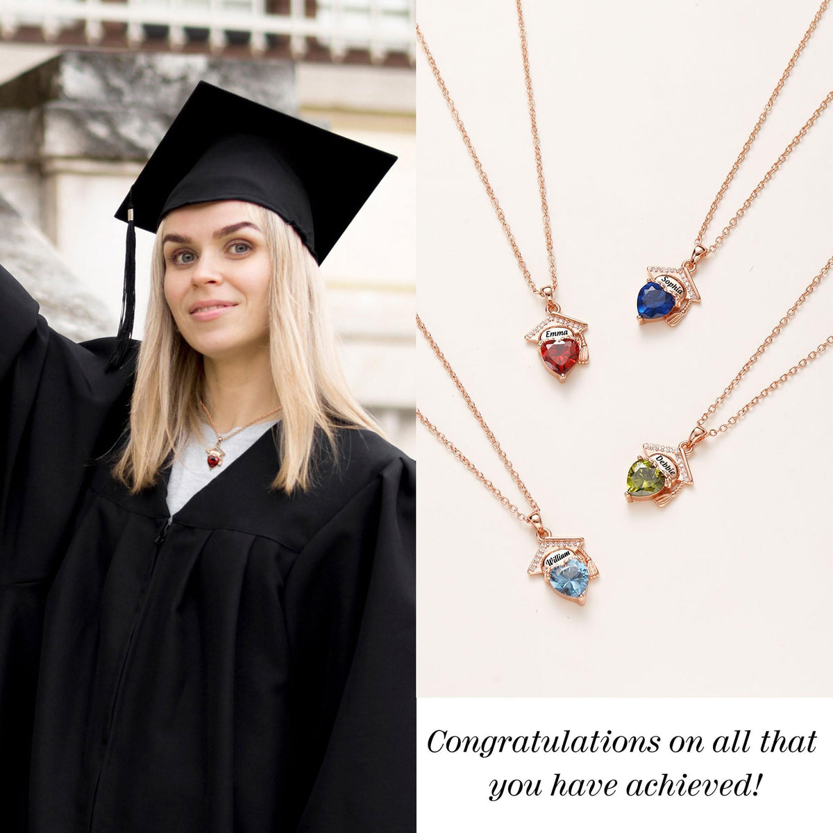Engraved Name Personalized Bachelor Hat Heart Shaped Birthstone Graduation Necklace