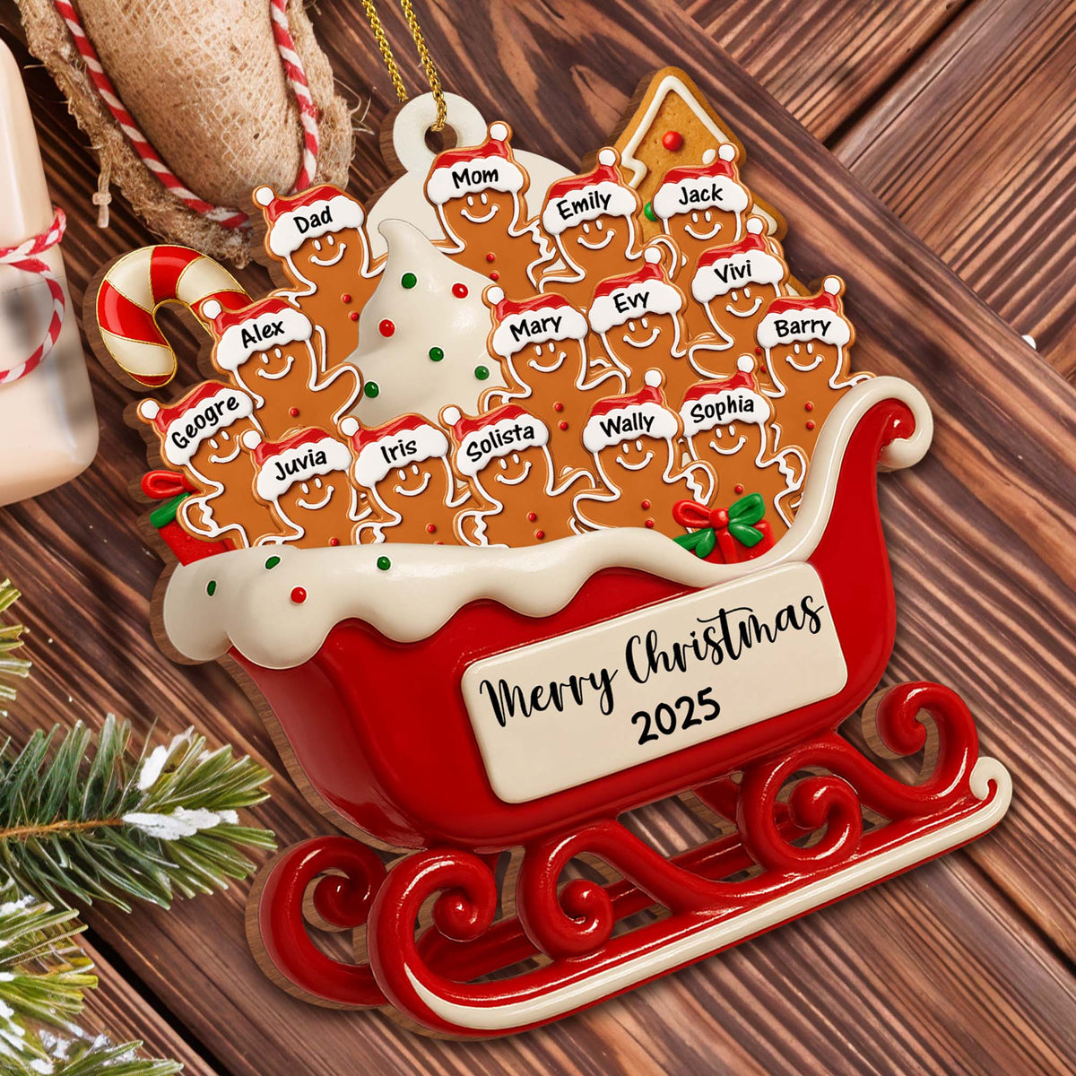 Merry Christmas Family Cookie Sleigh Ornament, Custom Wood Ornament, Gift For Families