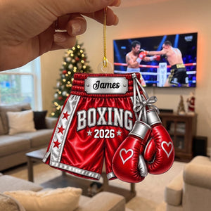 Personalized Boxing Gloves & Shorts Christmas Ornament 2026 – Custom Name Acrylic Keepsake | Gift For Boxers & Coaches