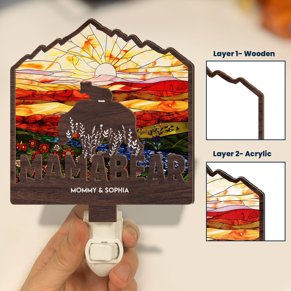 Mama Bear - Personalized Wood And Acrylic Night Light