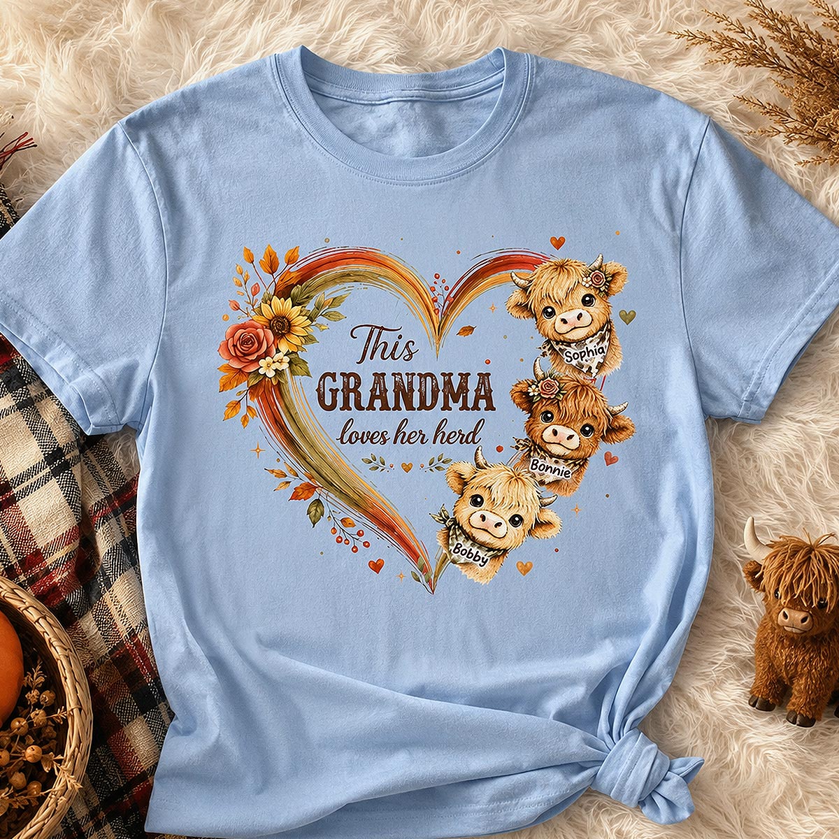 Personalized "Grandma's Herd" Highland Cow T-Shirt – Cozy Gift For Grandma