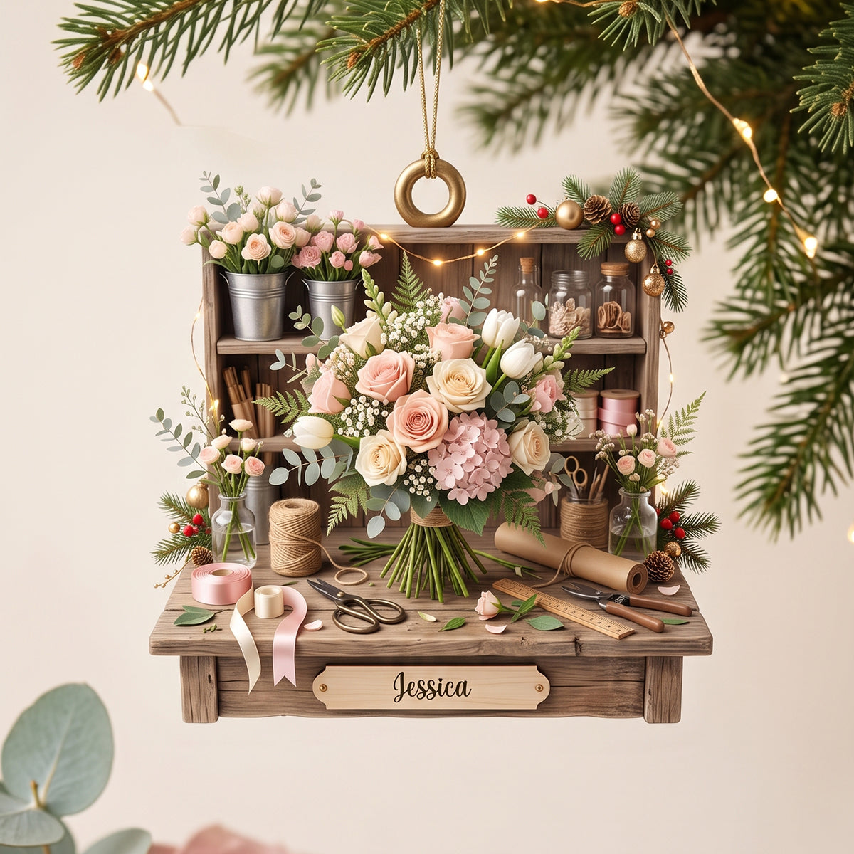 Personalized Romantic Florist Studio Ornament, Miniature Floral Workstation Christmas Decor
