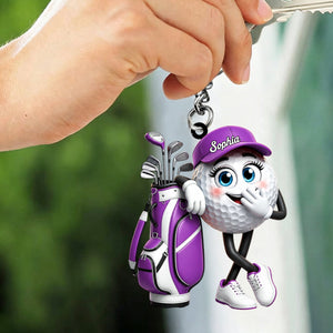 Funny Snickering Personalized Golf Ball Mascot Keychain Gift for Male & Female Golfer