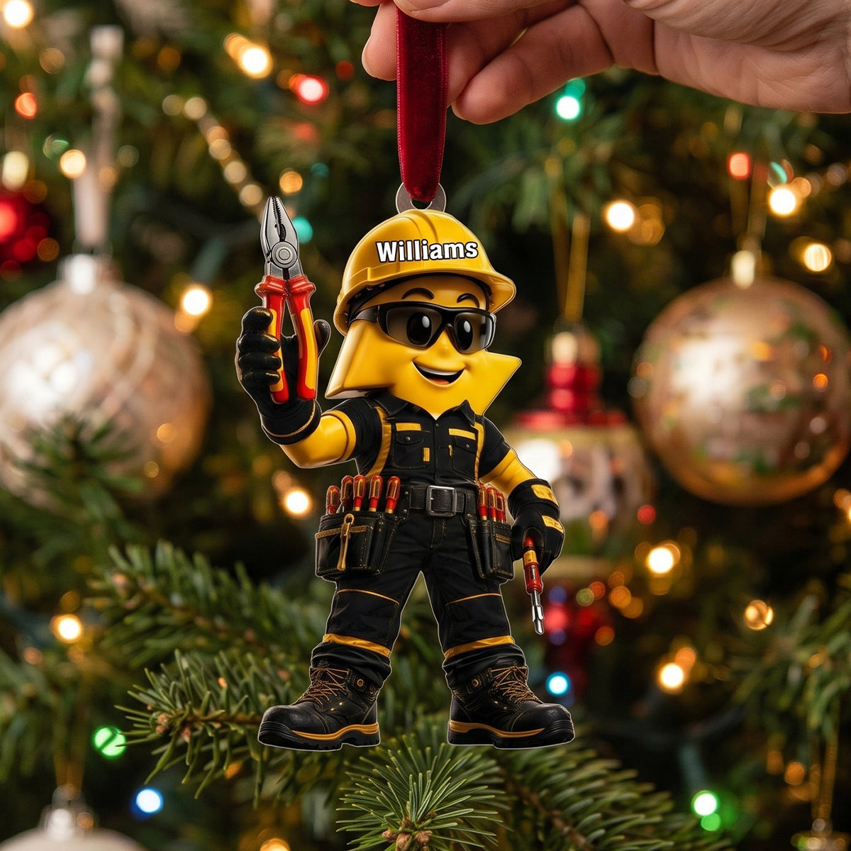 Personalized Electrician Cartoon Acrylic Ornament - Custom Name Cool Worker Mascot With Tools Hanging Charm, Gift For Electrician