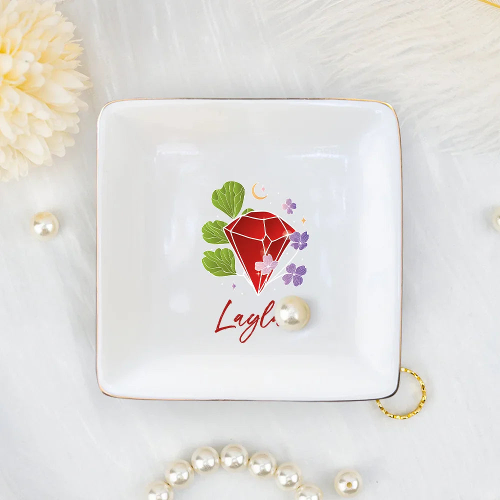 Personalized Birthstone Ceramic Square Trinket Jewelry Dish With Name, Gift For Girls Women