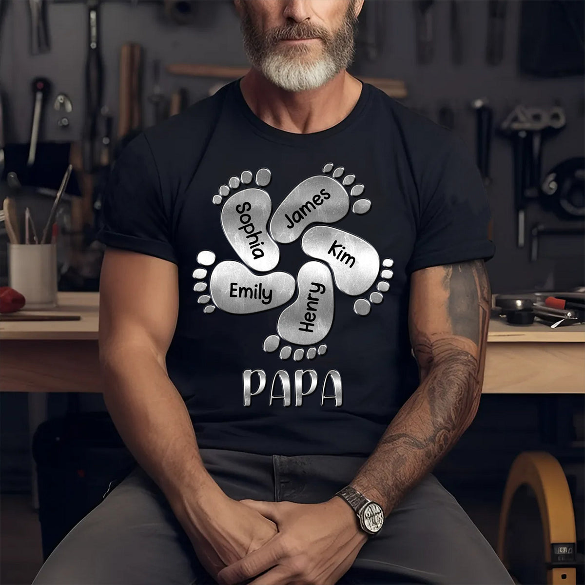 Personalized Grandpa Dad Footprints Metal Grandkids T-Shirt