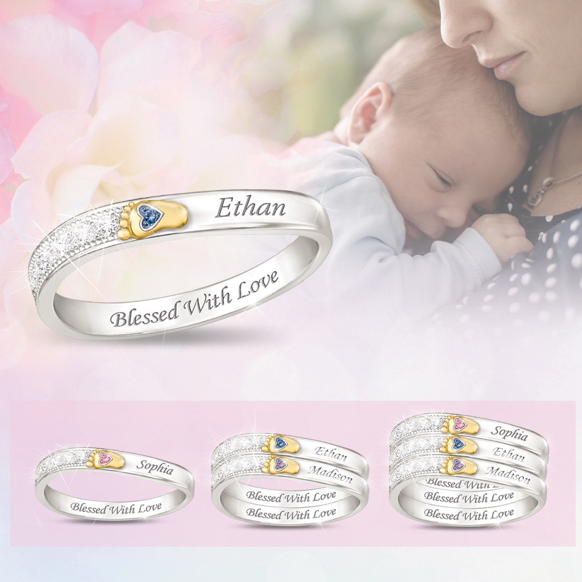 Personalized Name and Birthstone Family Footprint Ring