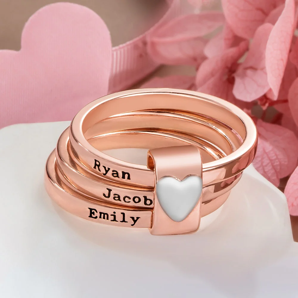 Personalized Heart Women Stacking Rings with Engraved 2-7 Names Family Jewelry Gift for Mom Grandma
