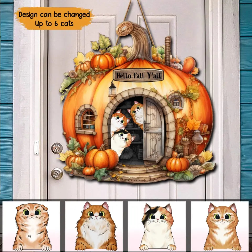 Personalized Hell Fall Y'all Pumkim Cat Lovers Wood Sign Door