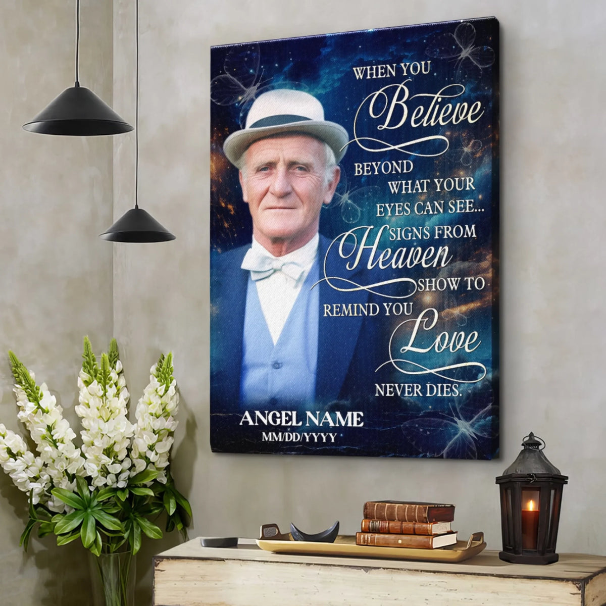 Personalized Memorial Canvas Poster - Believe in Heaven, Love Never Dies