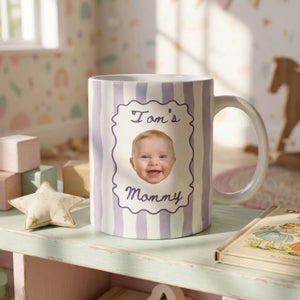 A Tiny Face, A Lifetime Of Love - Personalized Mug, Gift For Mom, Custom Photo Keepsake, Minimalist Pastel Color Stripe Design