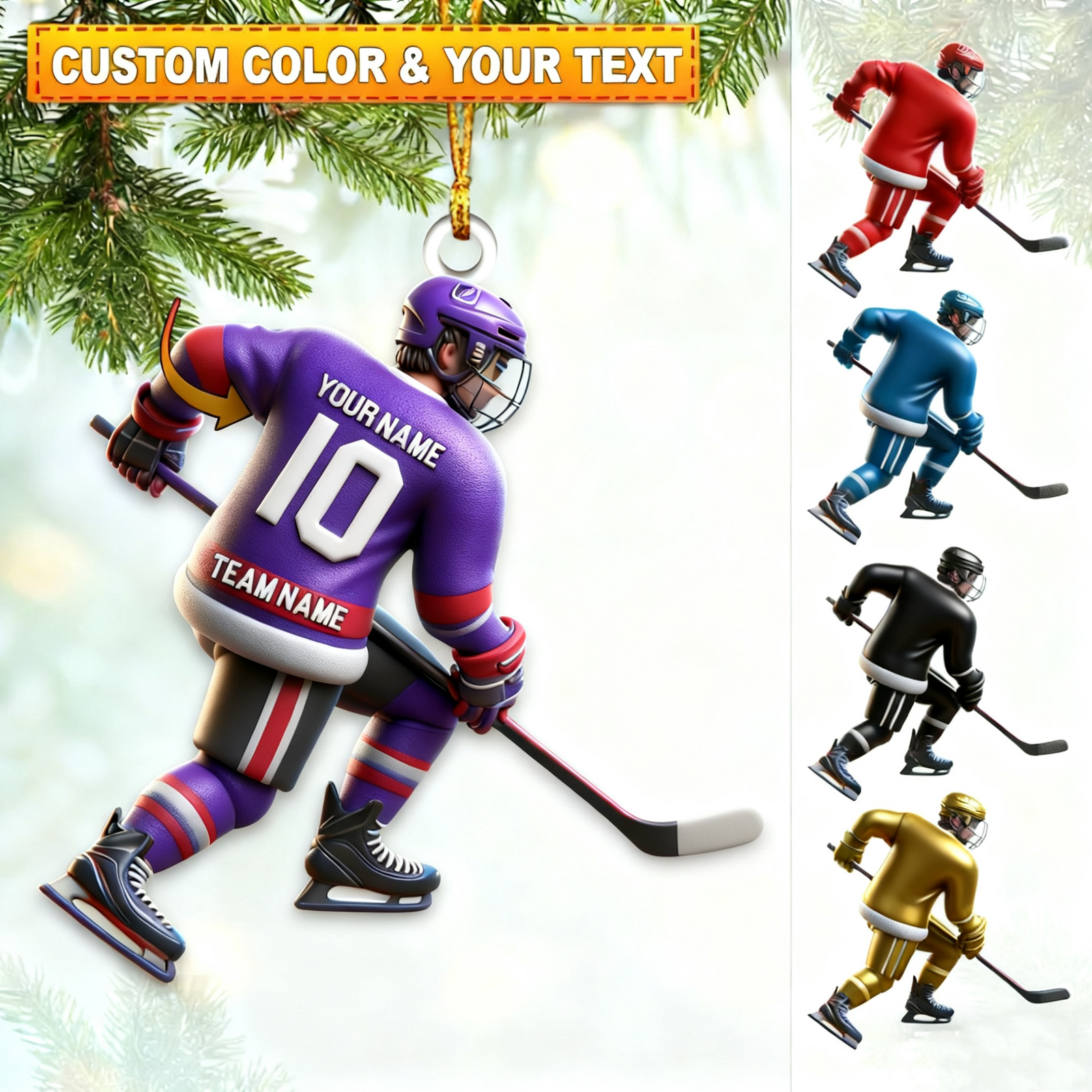 Custom Name and Number Ice Hockey Ornament, Christmas Gift Decoration