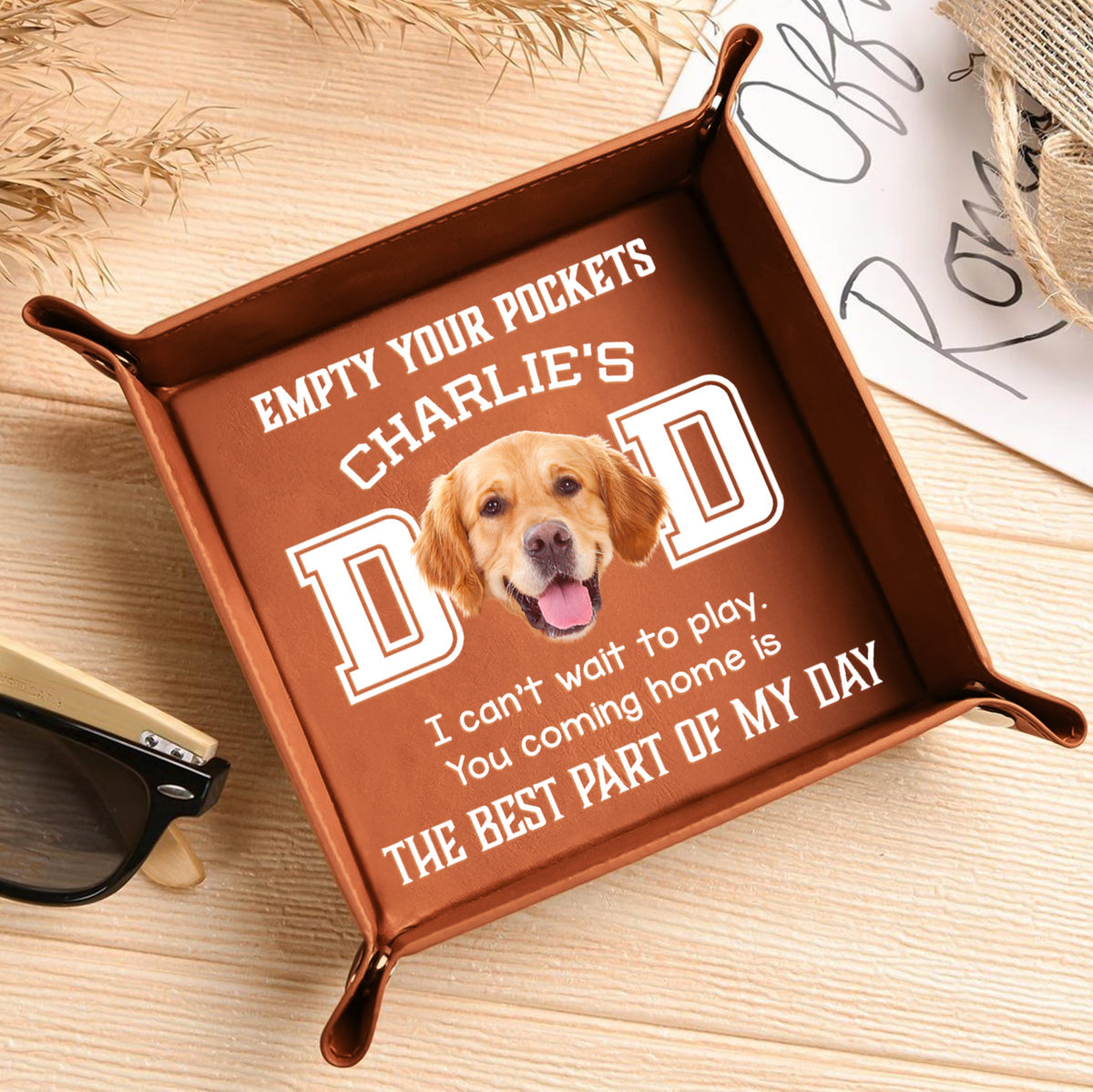 Custom Photo Dog Can't Wait To Play With Dad Personalized Leather Valet Tray