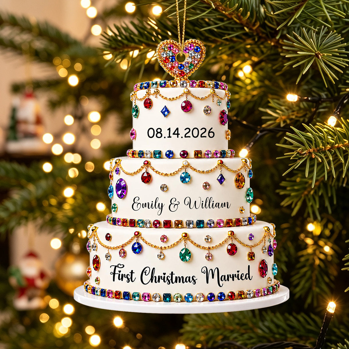 First Christmas Married Personalized Colorful Diamond Wedding Cake Ornament, Gift For Couples
