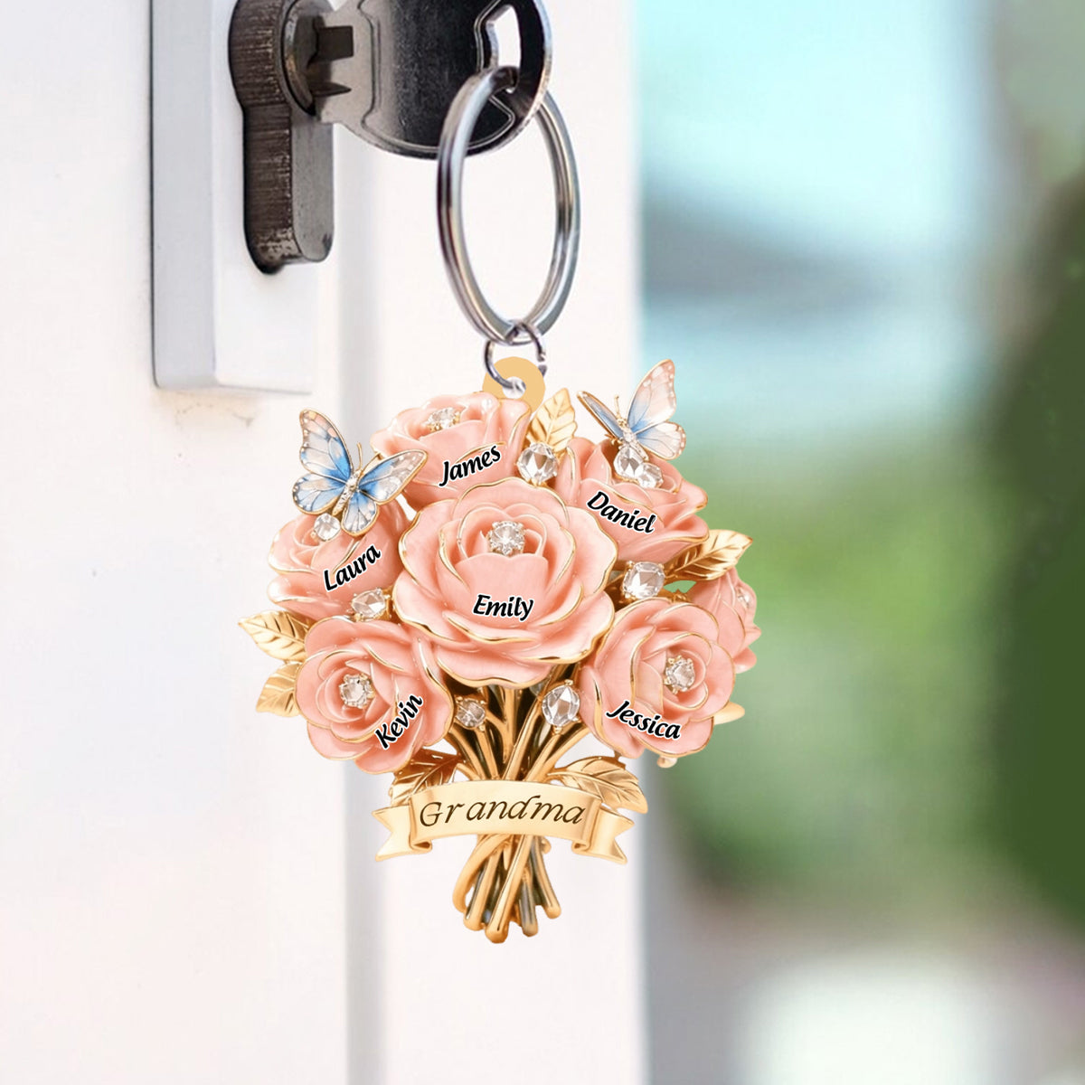 I Love You Mom - Personalized Mother Grandma Bouquet Shaped Keychain