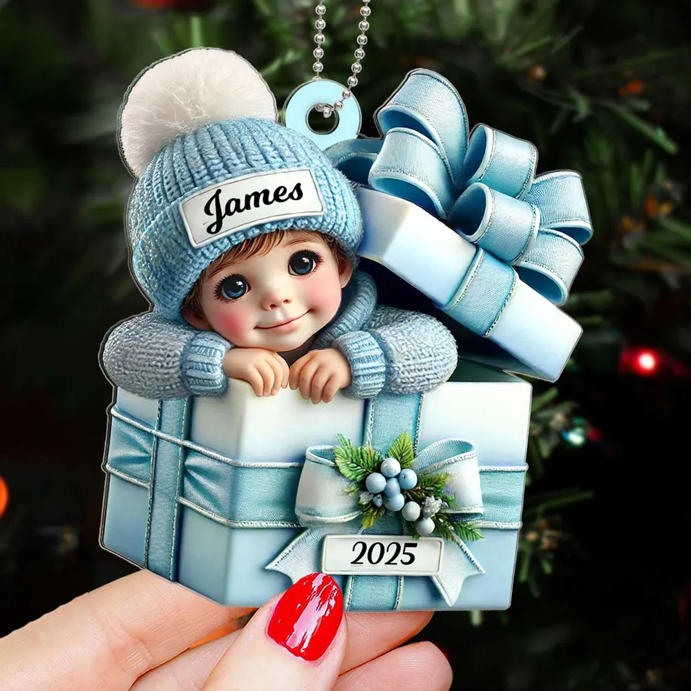 Kid Boy Girl Inside Gift Box Personalized Acrylic 2D Flat Ornament