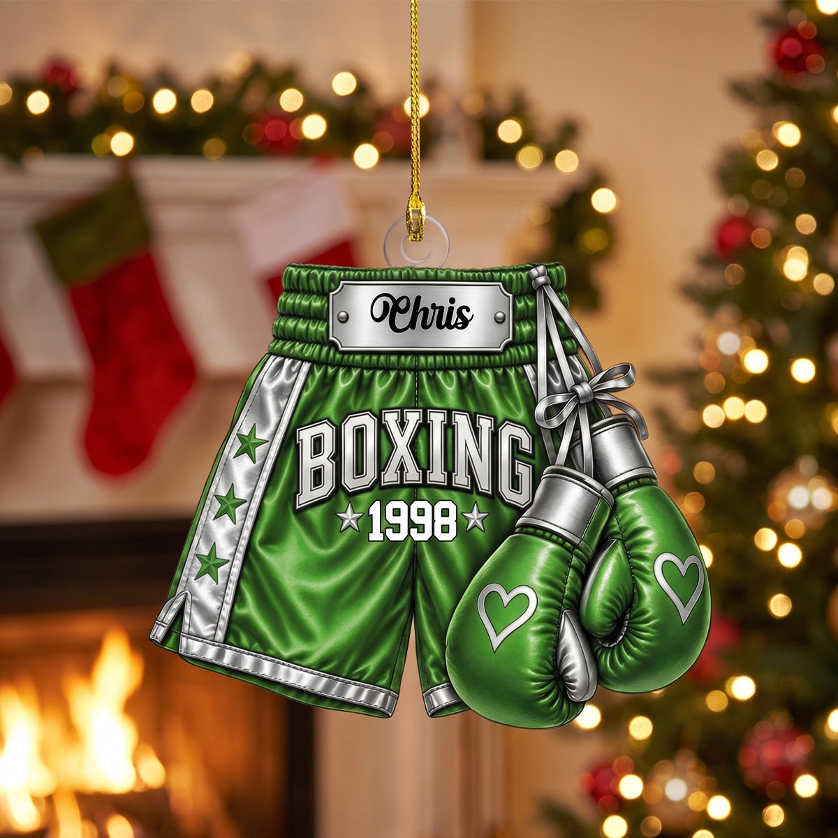 Personalized Boxing Gloves & Shorts Christmas Ornament 2026 – Custom Name Acrylic Keepsake | Gift For Boxers & Coaches