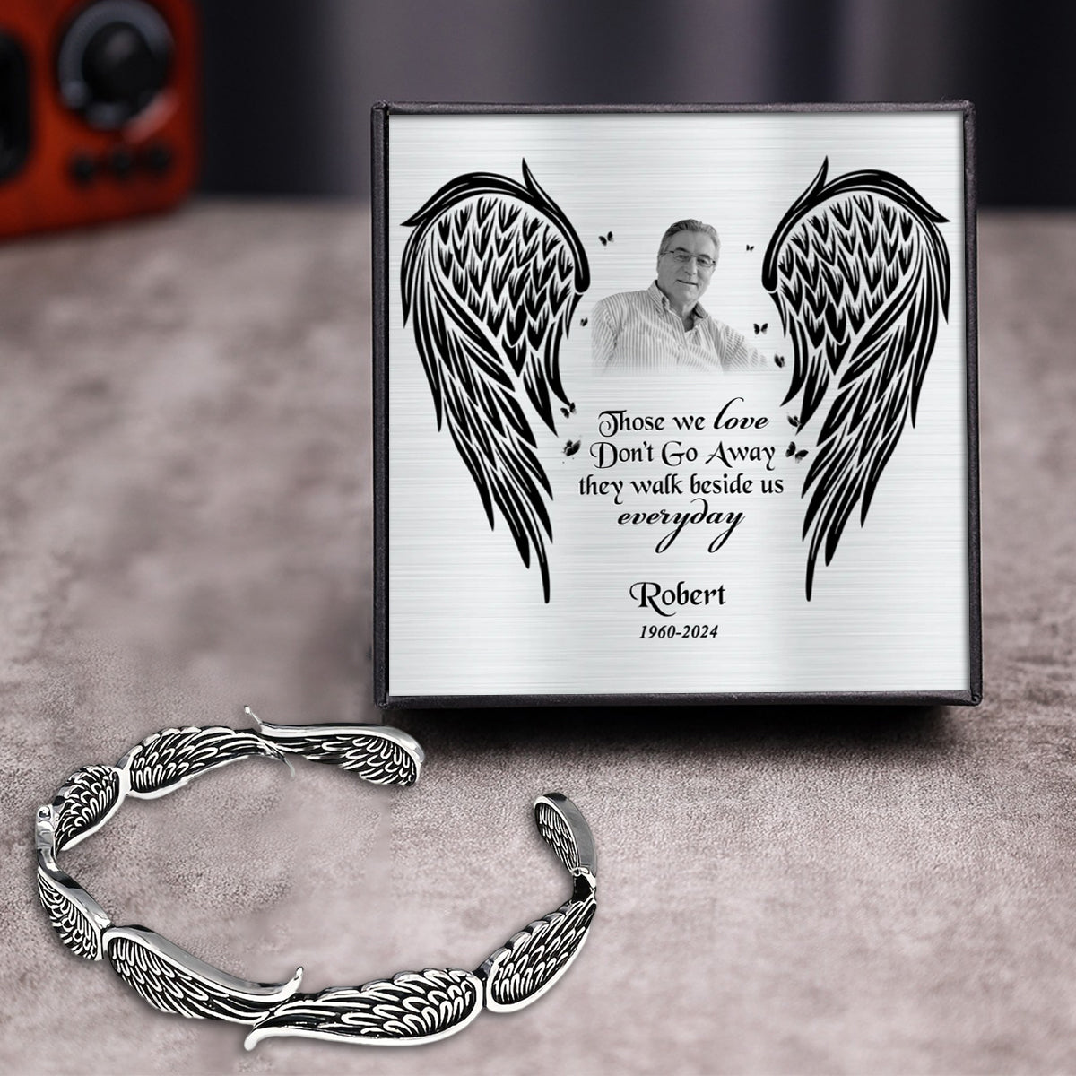 Angel Wings Vintage Style Bracelet with Personalized Memorial Photo Metal Card