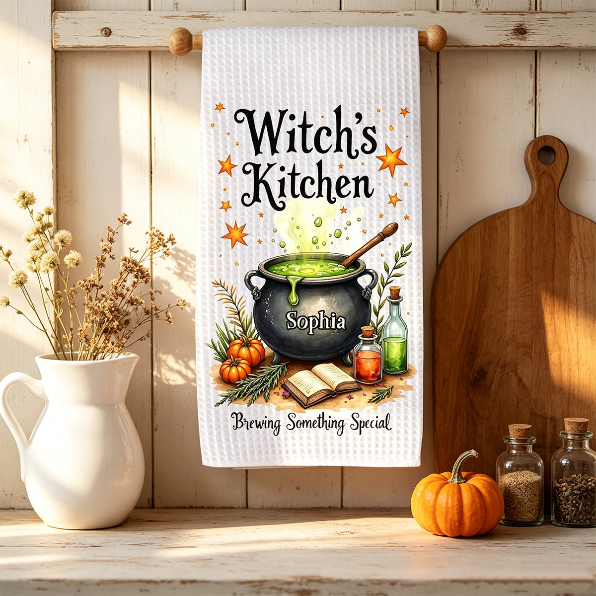Personalized "Witch's Kitchen" Halloween Kitchen Towel – Brewing Something Special | Fall Witch Decor & Spooky Cauldron Tea Towel