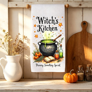 Personalized "Witch's Kitchen" Halloween Kitchen Towel – Brewing Something Special | Fall Witch Decor & Spooky Cauldron Tea Towel