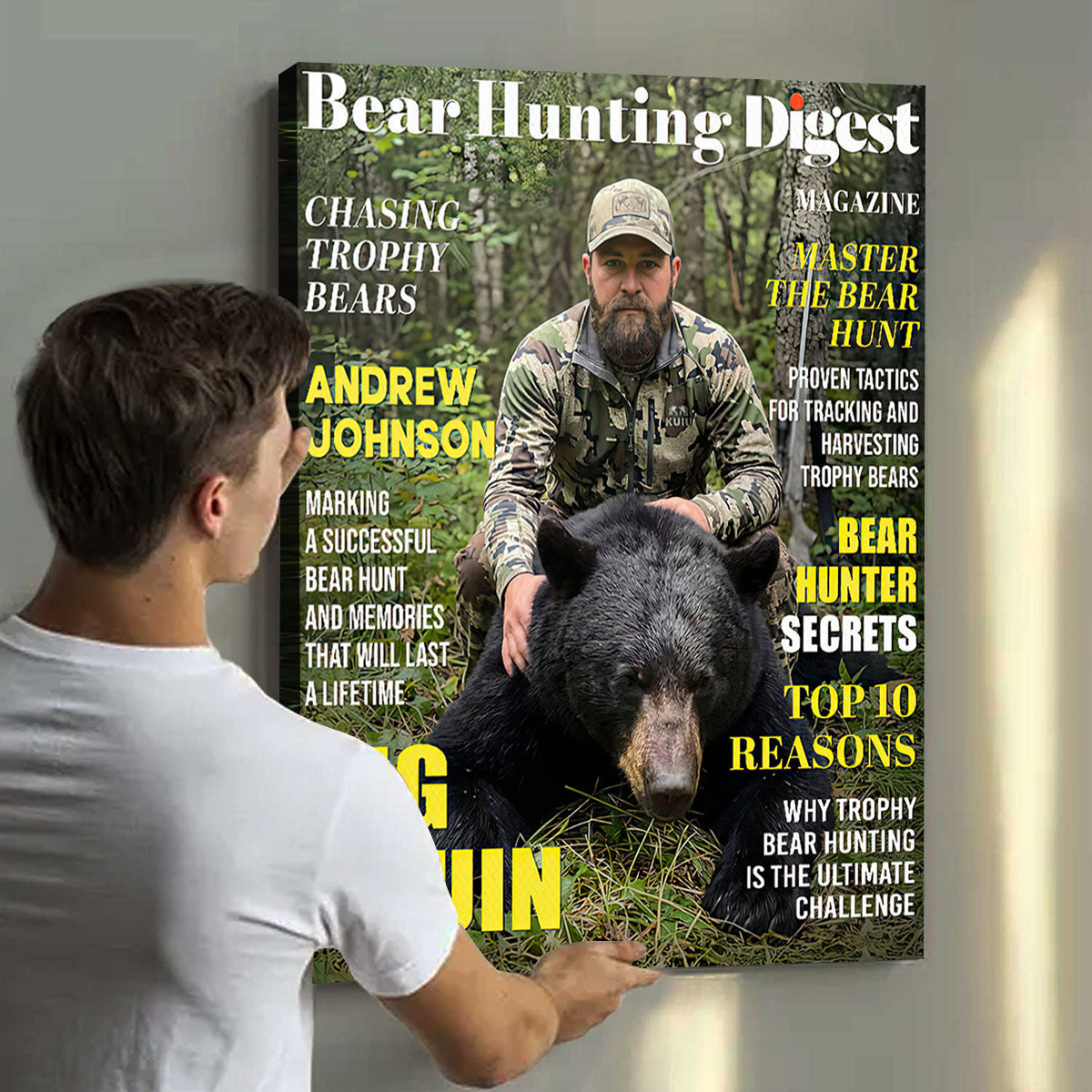 Bear Hunting Digest Personalized Canvas, Custom Photo Bear Hunter Magazine Cover, Hunting Lover Gift