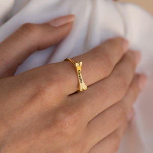Personalized Dog Bone Charm Ring Pet Name Memorial Ring with Dainty Gemstone